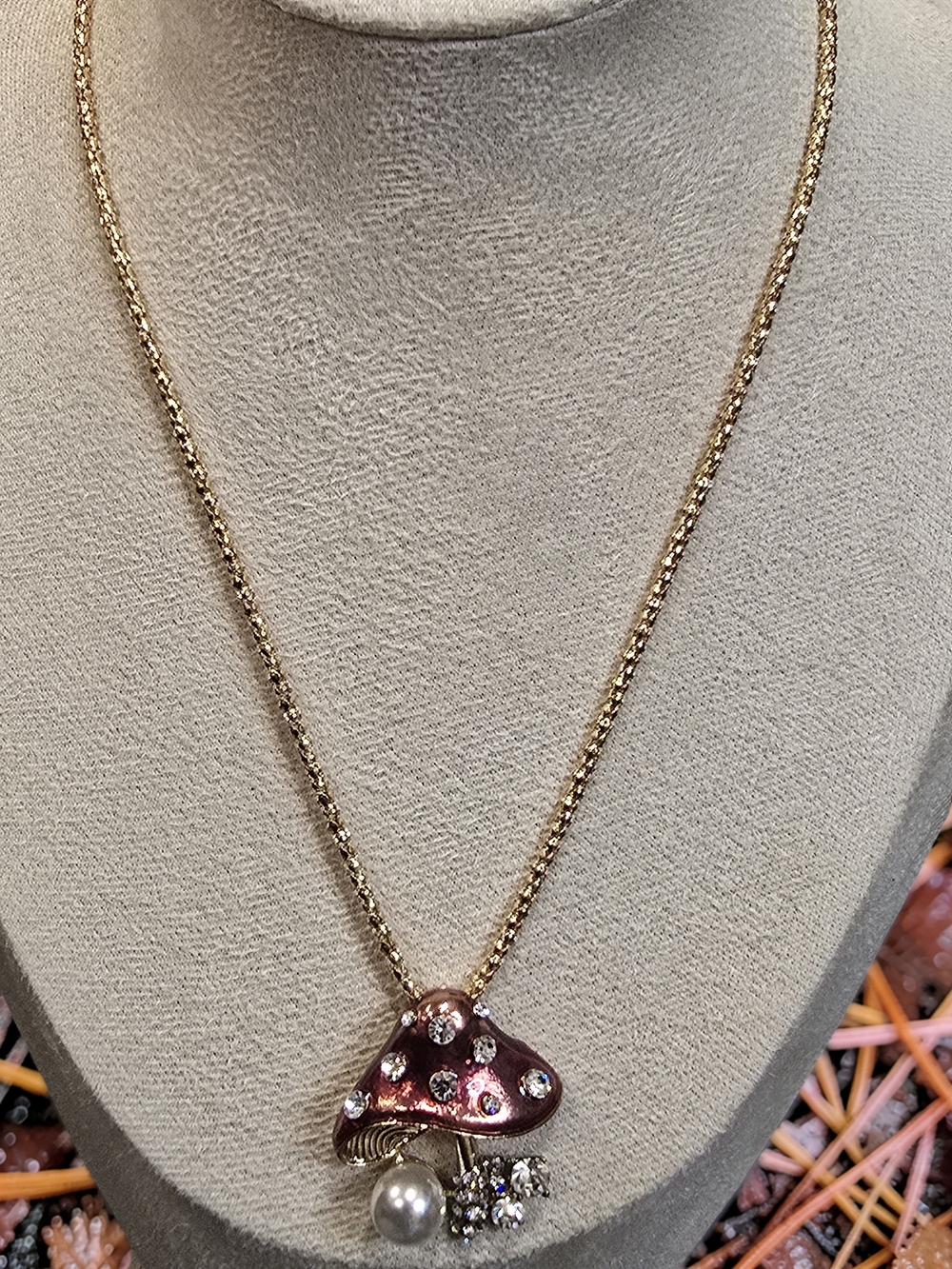 Betsey Johnson Whimsical Enameled Mushroom Pearl Pendant Necklace